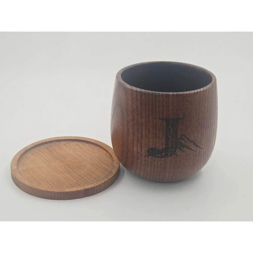 Artisan Crafted Wood Whiskey Glass with Lid Coaster Engraved Mountain Gift Box J